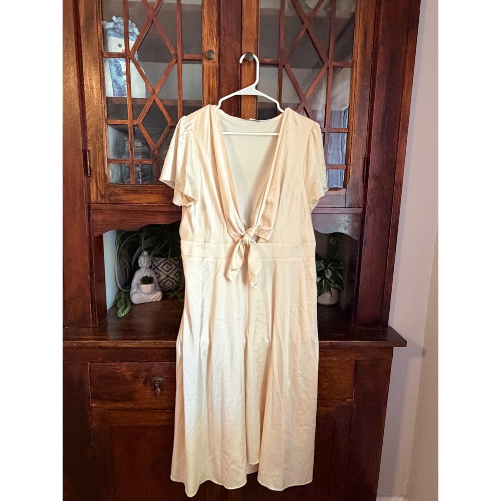 Baltic Born Poppy Cream Satin Tie Front Flutter Sleeve Midi Dress XXL - Picture 2 of 6
